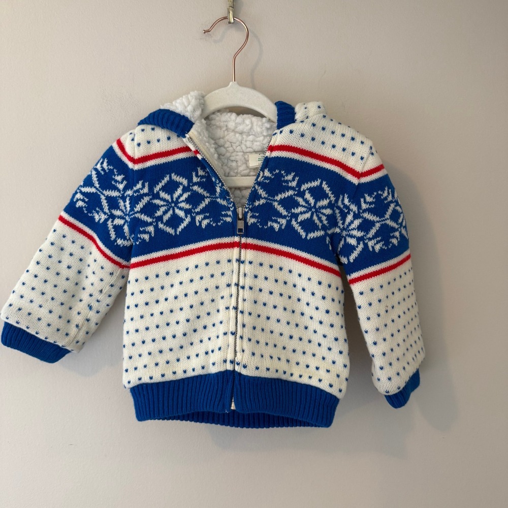 Vintage Tiny Tots Blue White Red Fair‎ Isle Sherpa Lined Hooded Sweater Size 24